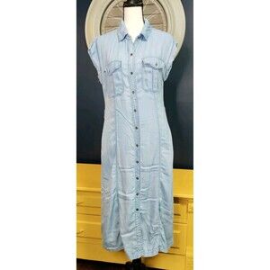 Denim Maxi Dress Size Small Button Up Blue Light Wash 100% Tencel Coastal Beachy